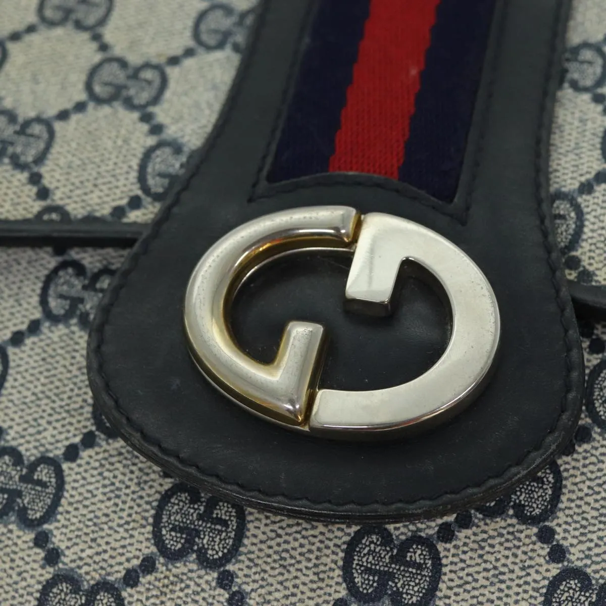 GUCCI GG Supreme Sherry Line Shoulder Bag PVC Leather Navy Red  fm3556
