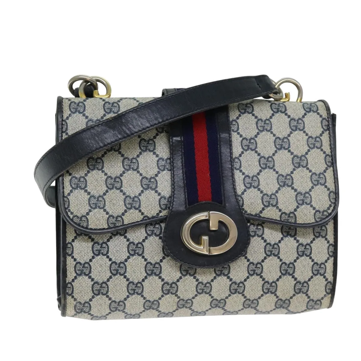 GUCCI GG Supreme Sherry Line Shoulder Bag PVC Leather Navy Red  fm3556