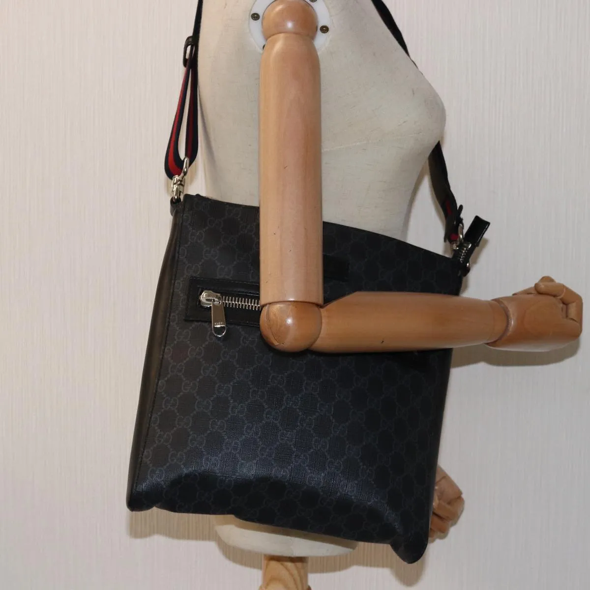 GUCCI GG Supreme Sherry Line Shoulder Bag PVC Navy Red 474137  bs15096