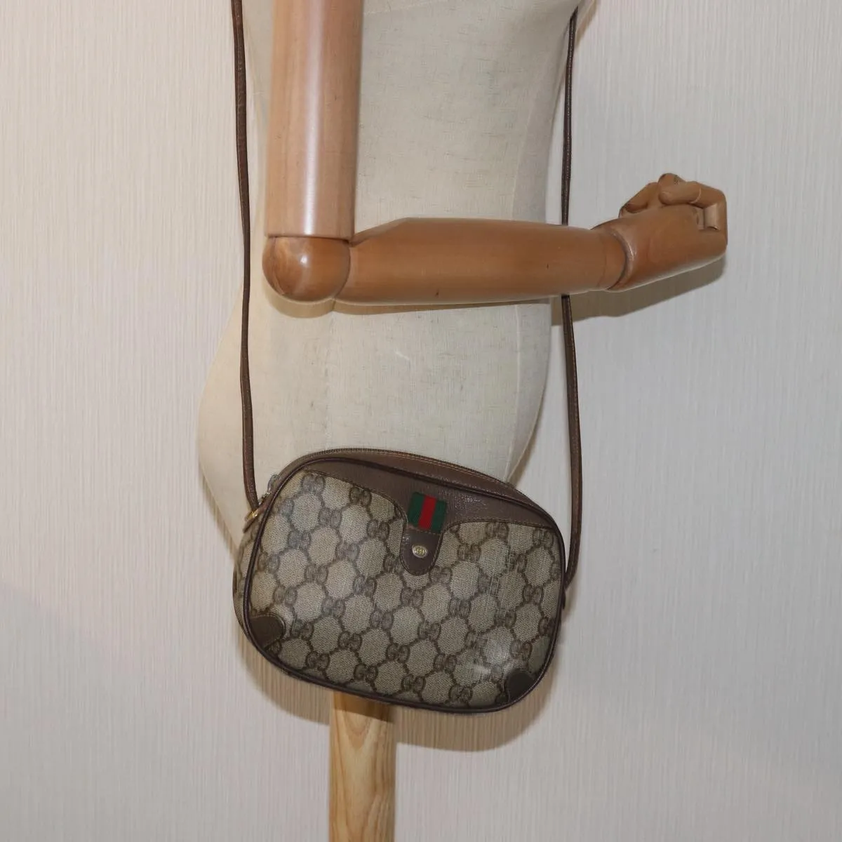 GUCCI GG Supreme Web Sherry Line Shoulder Bag PVC Beige 156 02 066  81008