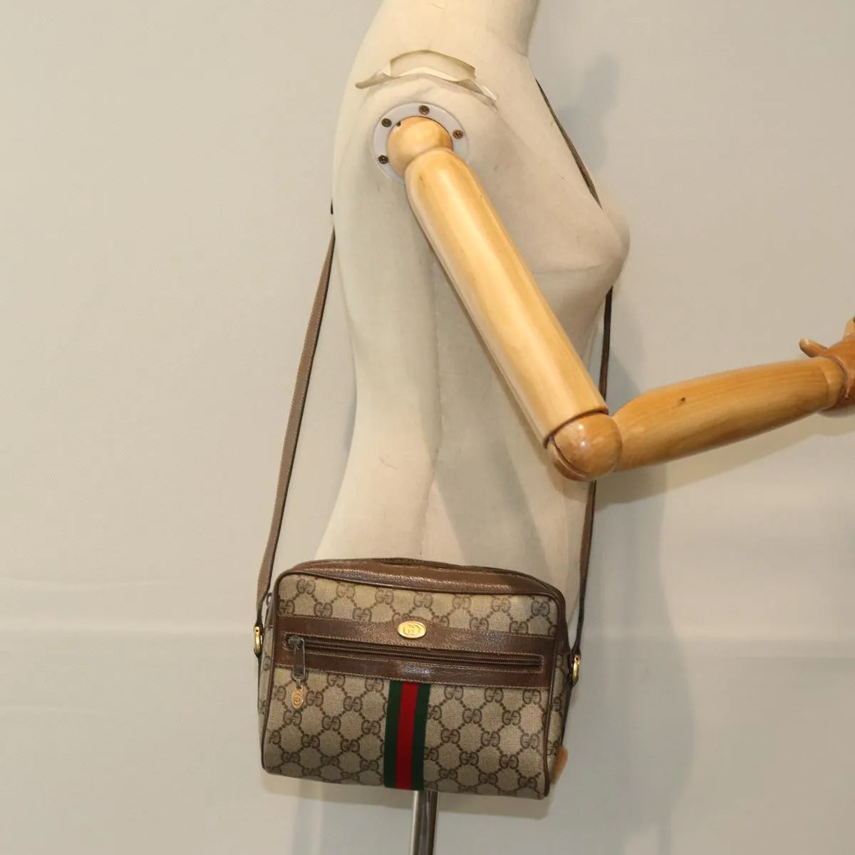 GUCCI GG Supreme Web Sherry Line Shoulder Bag PVC Beige 32 02 004  80804