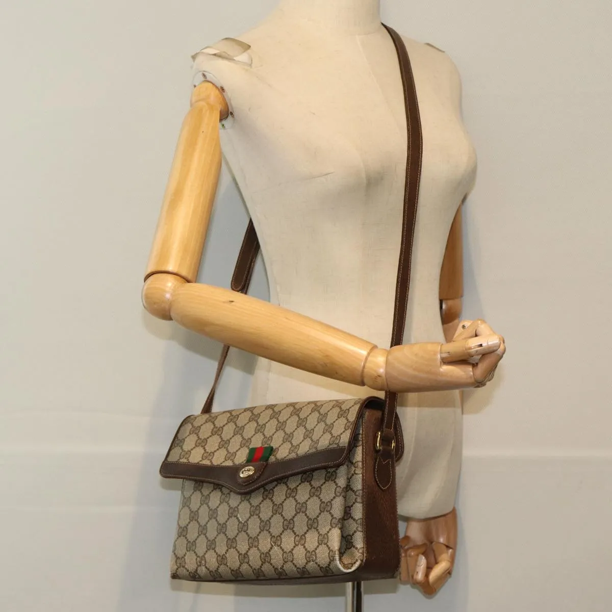 GUCCI GG Supreme Web Sherry Line Shoulder Bag PVC Beige  83722