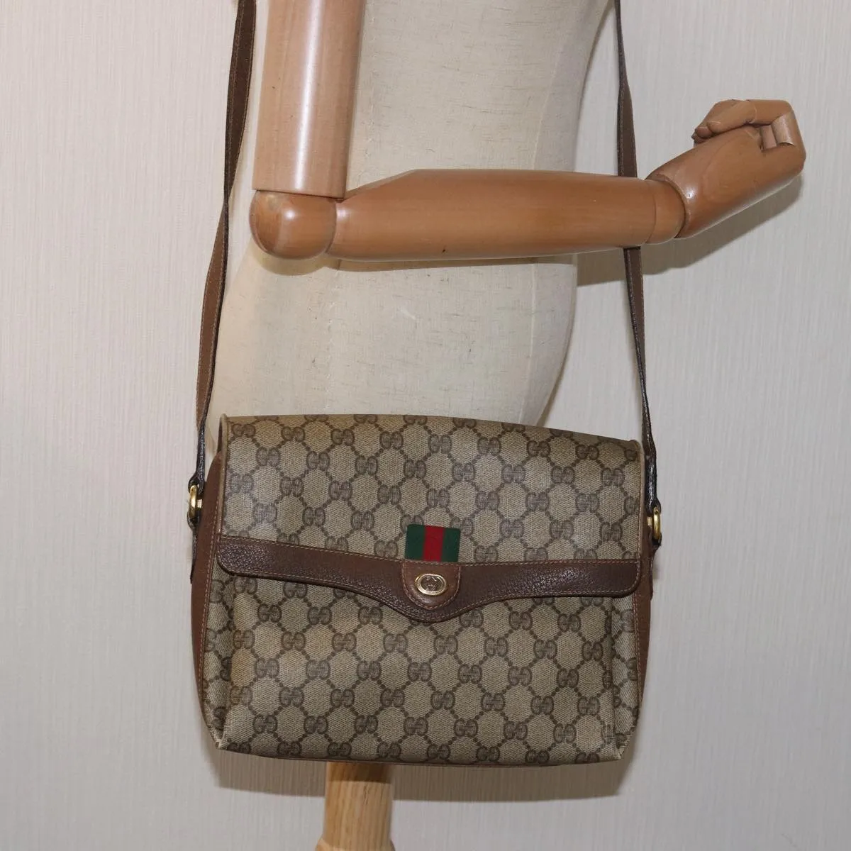 GUCCI GG Supreme Web Sherry Line Shoulder Bag PVC Beige 904 02 084  78097