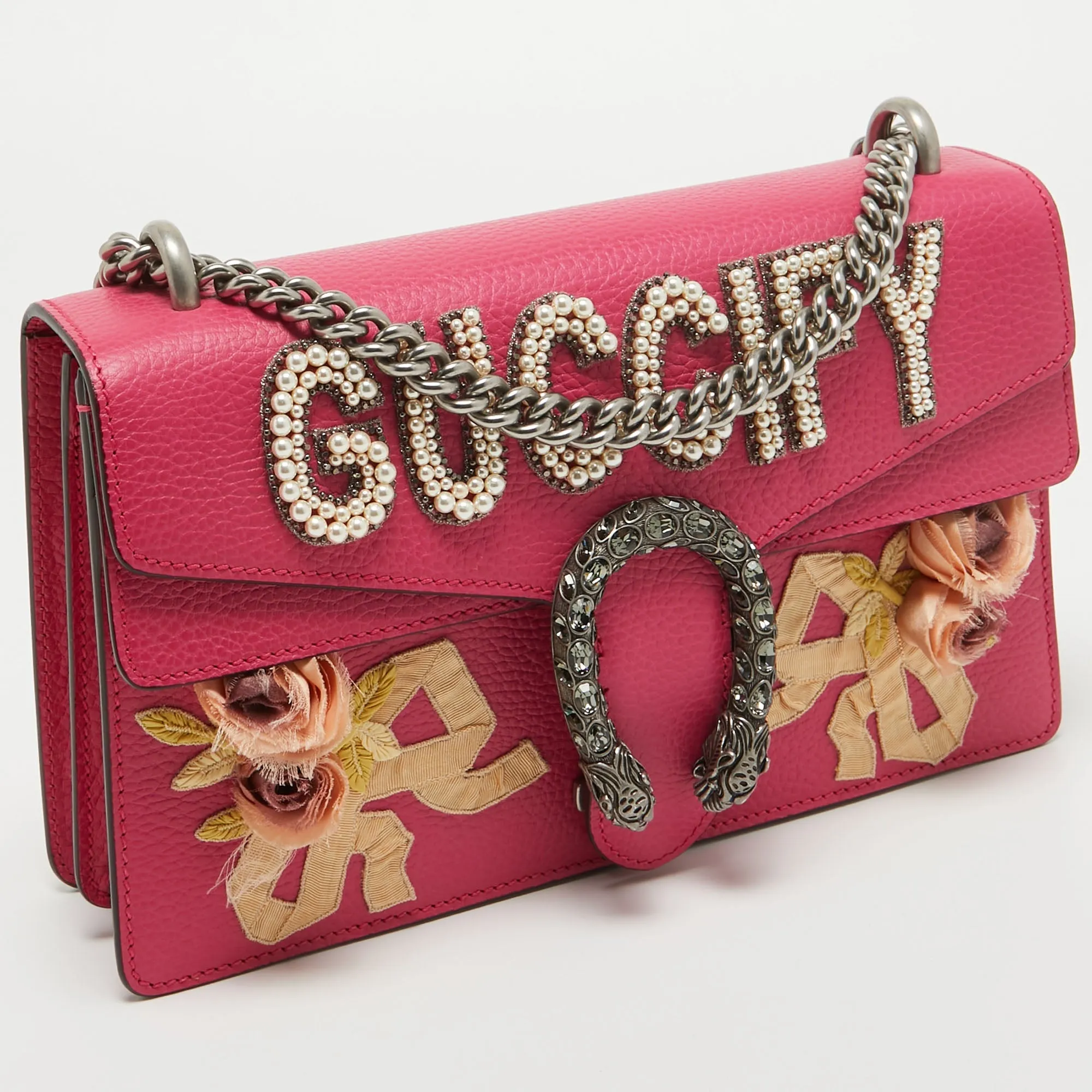 Gucci Magenta Leather Small Guccify Pearl Embellished Dionysus Shoulder Bag