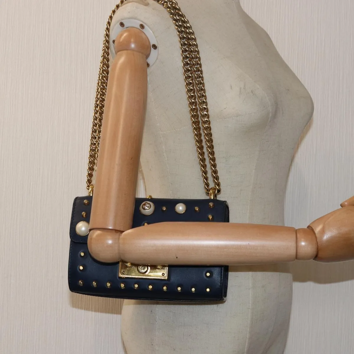 GUCCI Pad Lock Chain Shoulder Bag Leather Navy 432182  ar12096