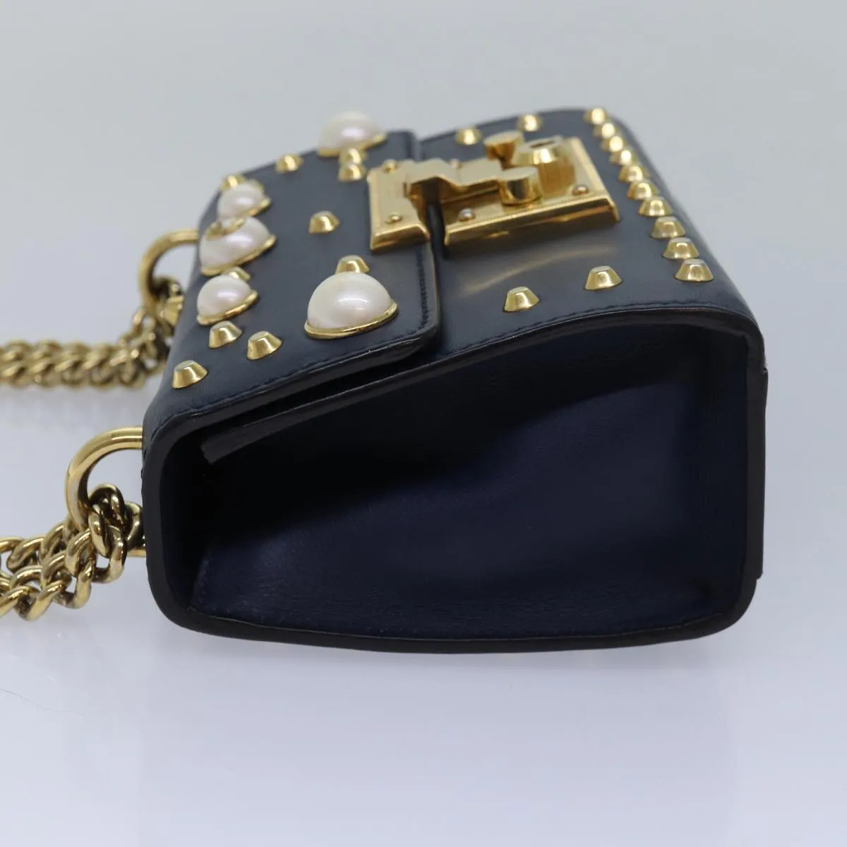 GUCCI Pad Lock Chain Shoulder Bag Leather Navy 432182  ar12096