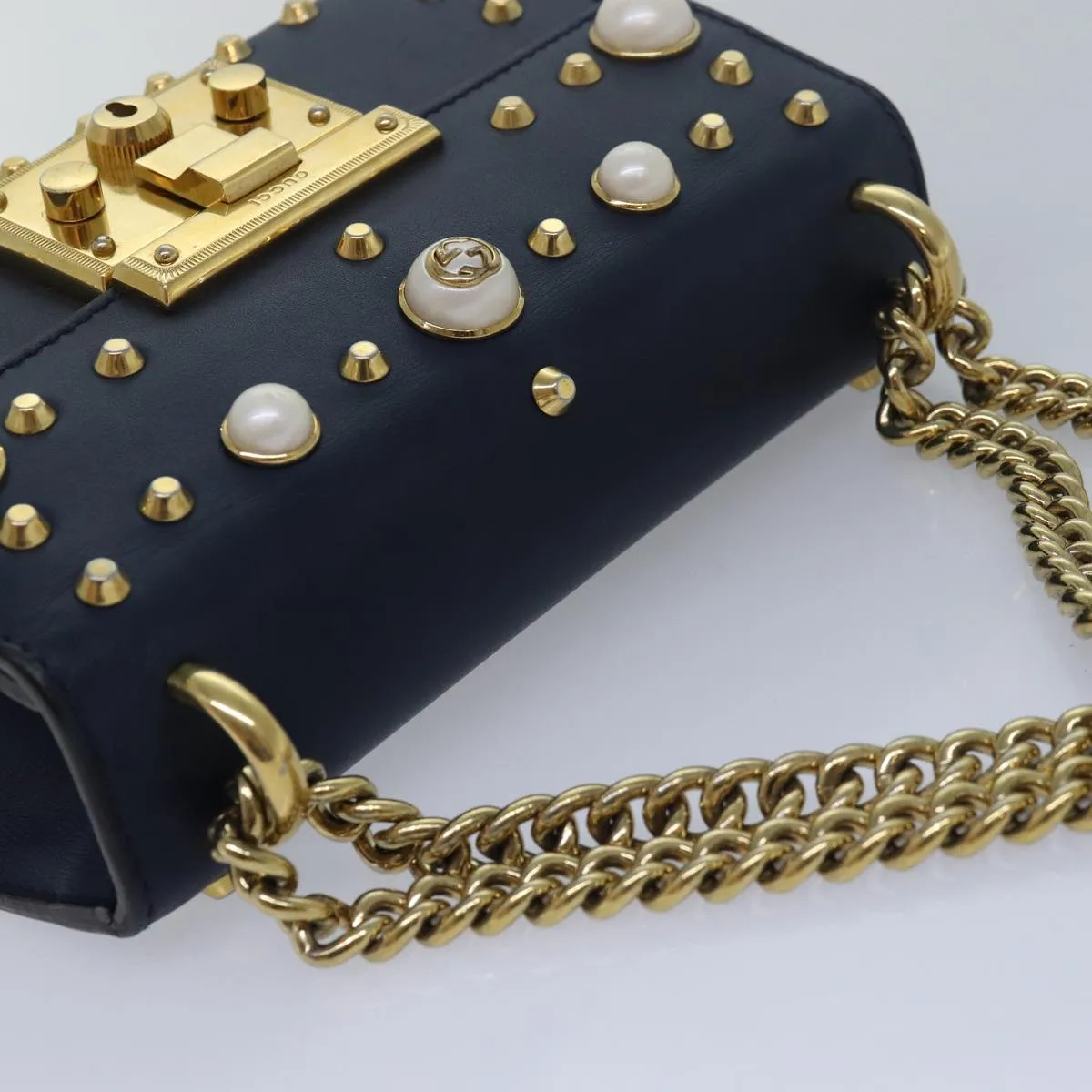 GUCCI Pad Lock Chain Shoulder Bag Leather Navy 432182  ar12096
