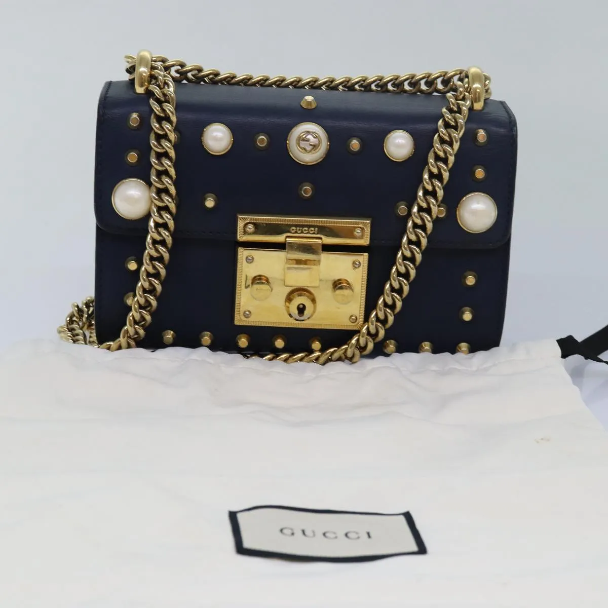 GUCCI Pad Lock Chain Shoulder Bag Leather Navy 432182  ar12096