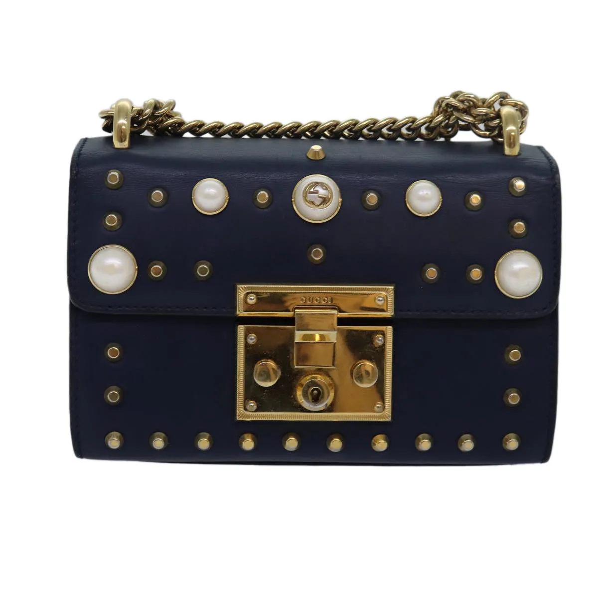 GUCCI Pad Lock Chain Shoulder Bag Leather Navy 432182  ar12096
