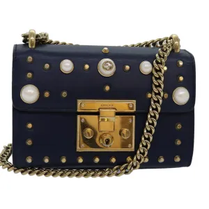GUCCI Pad Lock Chain Shoulder Bag Leather Navy 432182  ar12096