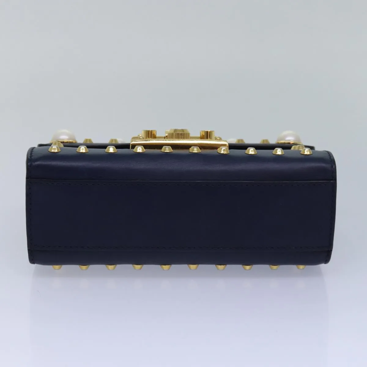 GUCCI Pad Lock Chain Shoulder Bag Leather Navy 432182  ar12096