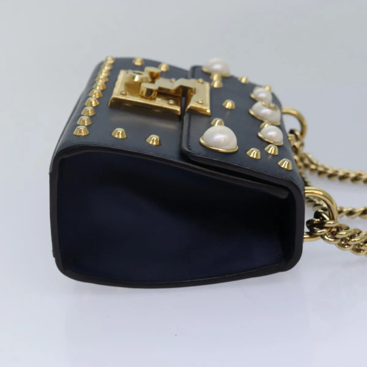 GUCCI Pad Lock Chain Shoulder Bag Leather Navy 432182  ar12096