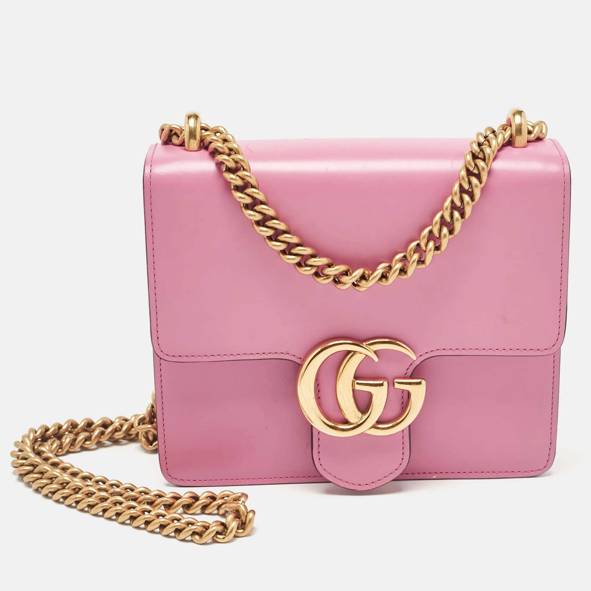 Gucci Pink Leather Small Gg Marmont Chain Shoulder Bag