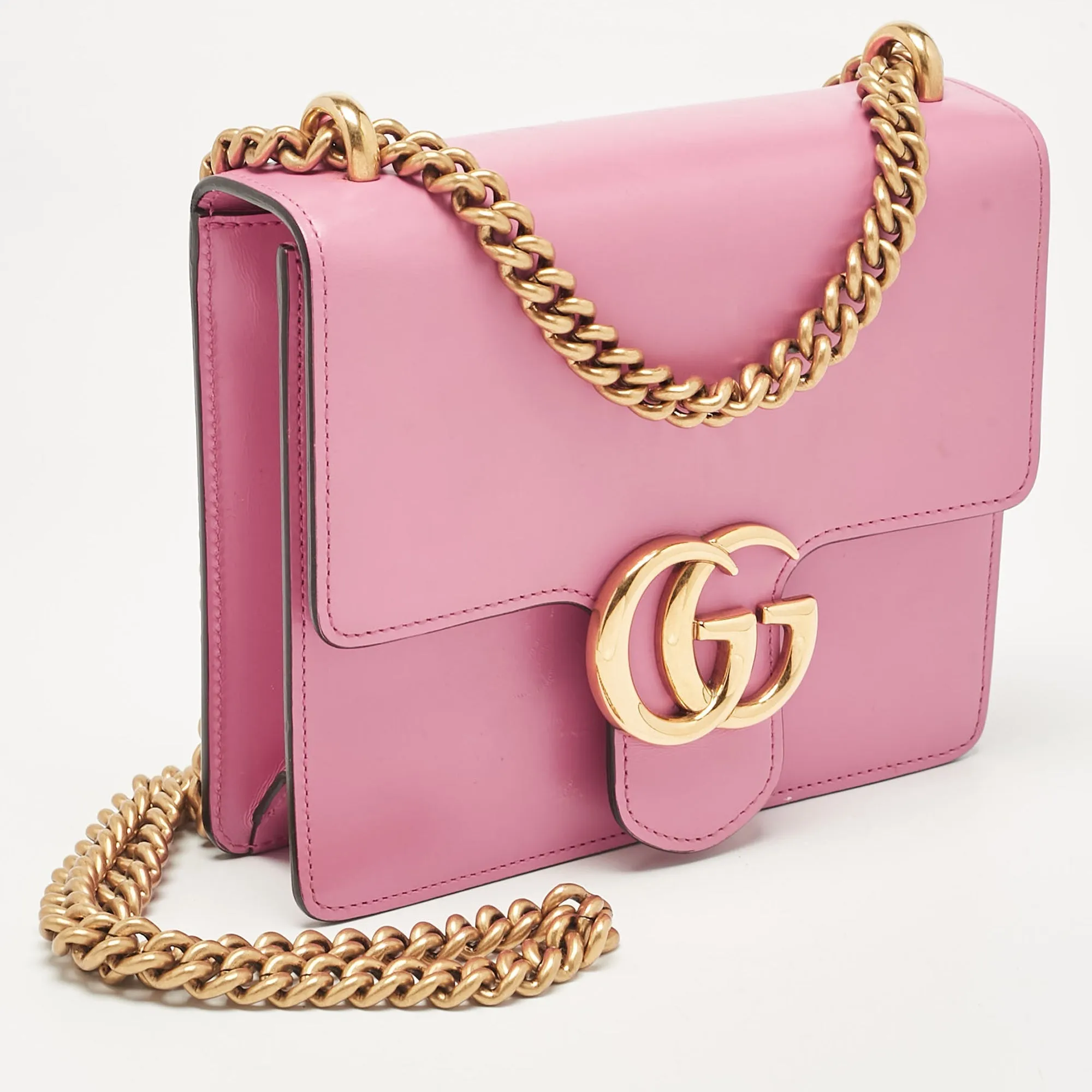 Gucci Pink Leather Small Gg Marmont Chain Shoulder Bag