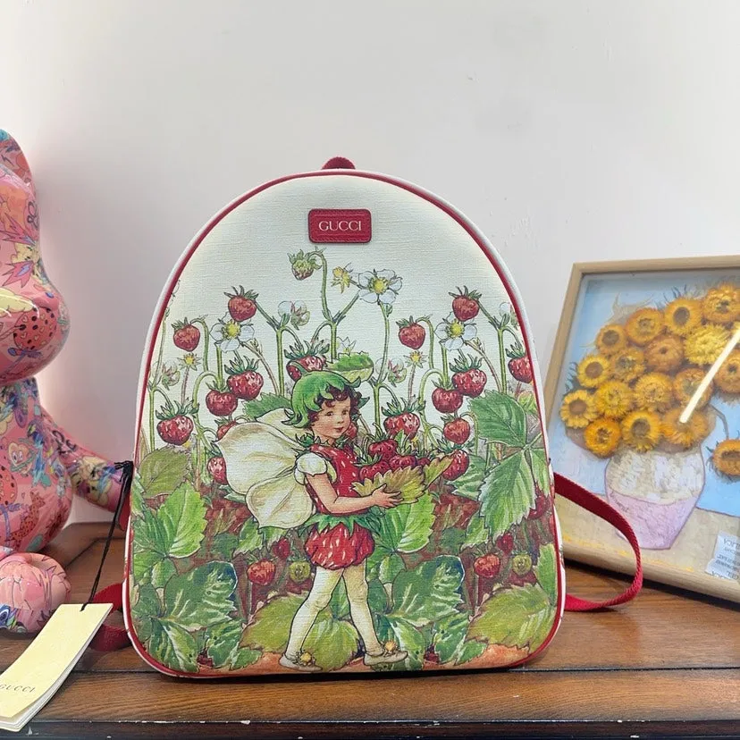 Gucci Strawberry Print Backpack White Canvas