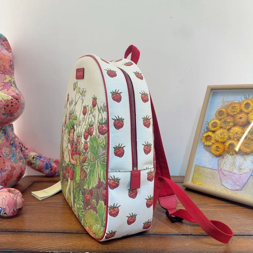Gucci Strawberry Print Backpack White Canvas