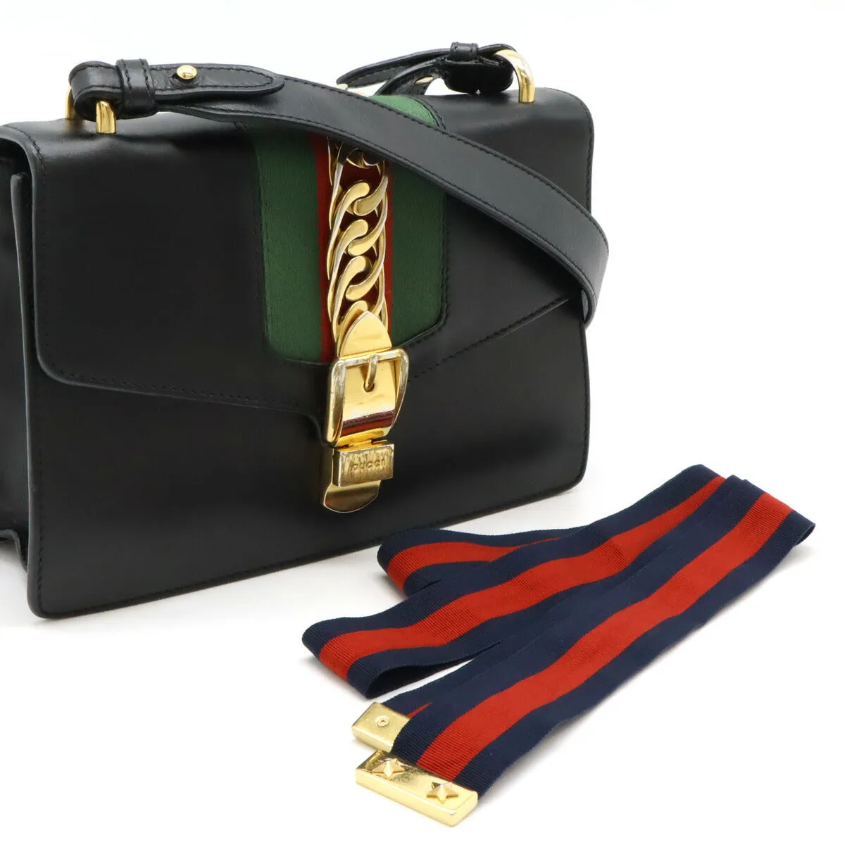 Gucci Sylvie Leather Ribbon Shoulder Bag Black