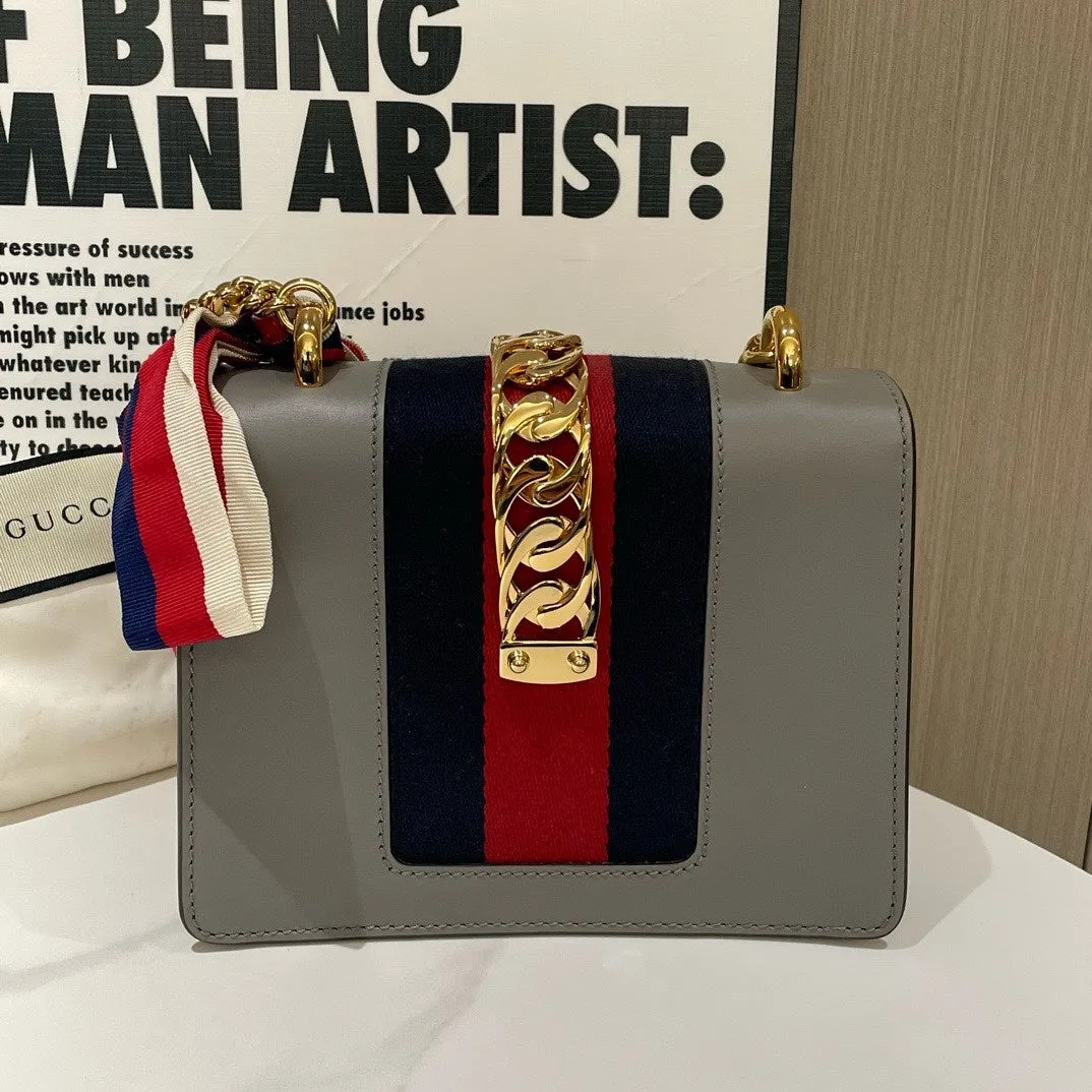 Gucci Sylvie Small Grey Leather Shoulder Bag