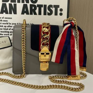 Gucci Sylvie Small Grey Leather Shoulder Bag