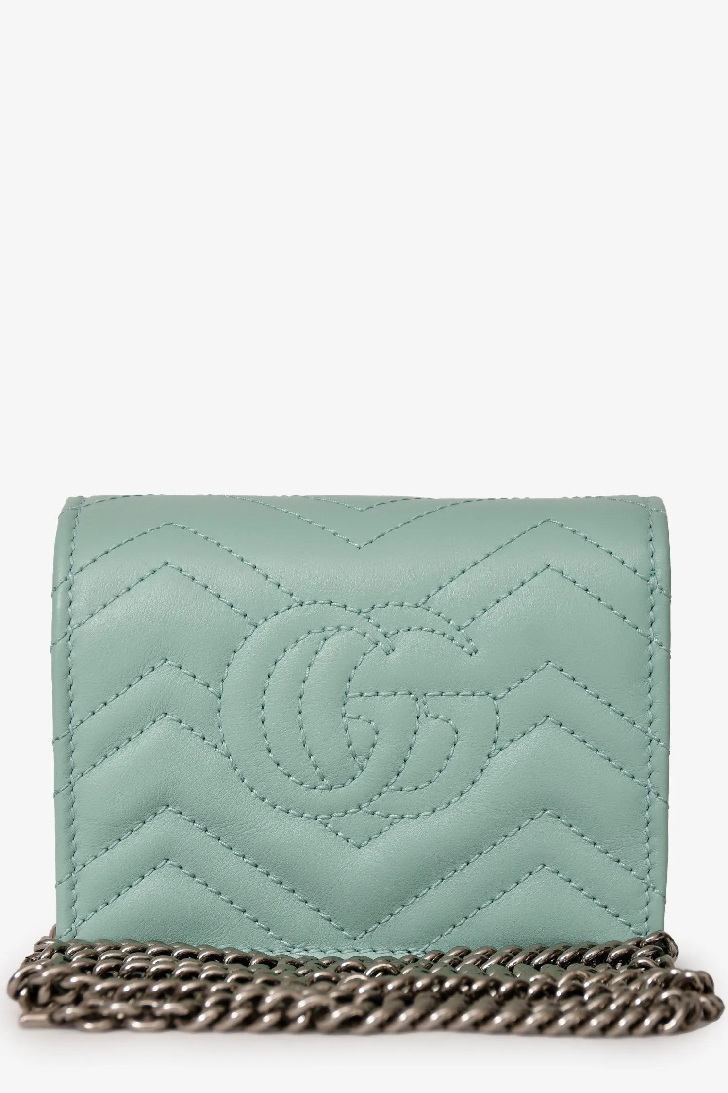 Gucci Teal Leather GG Marmont Chevron Quilted Wallet On Chain