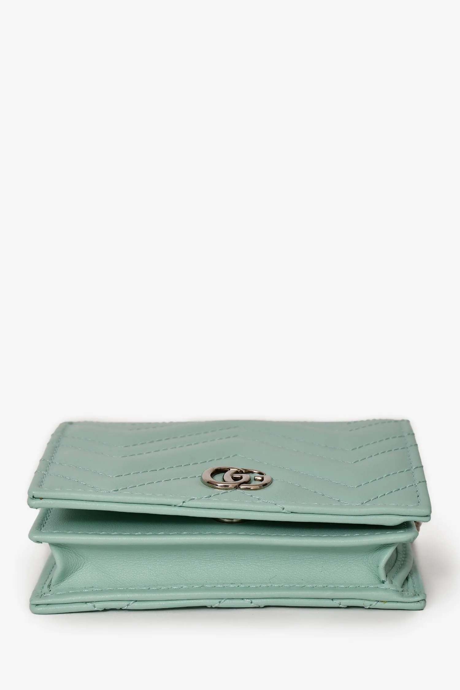 Gucci Teal Leather GG Marmont Chevron Quilted Wallet On Chain