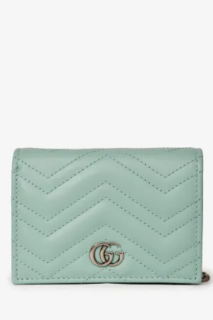 Gucci Teal Leather GG Marmont Chevron Quilted Wallet On Chain