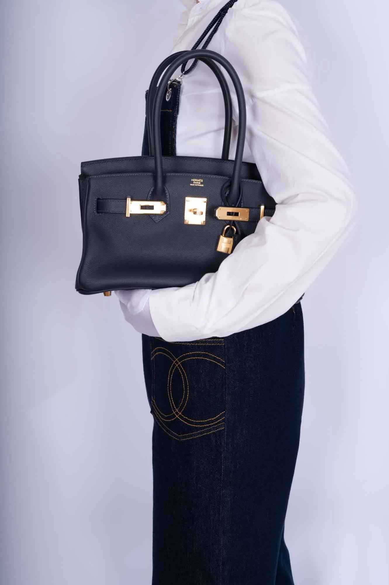 Herms Birkin Shoulder Light 29 in Black Caban Evercolor Gold Hardware