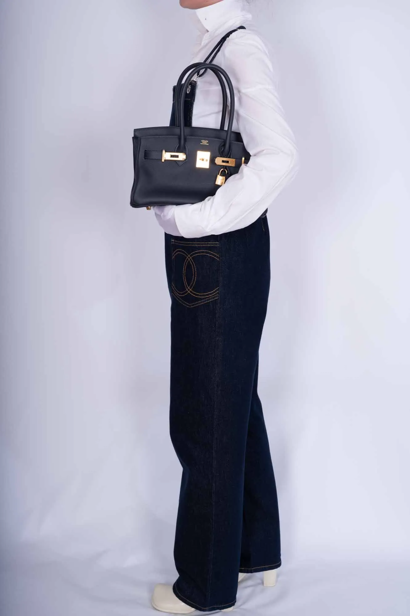 Herms Birkin Shoulder Light 29 in Black Caban Evercolor Gold Hardware