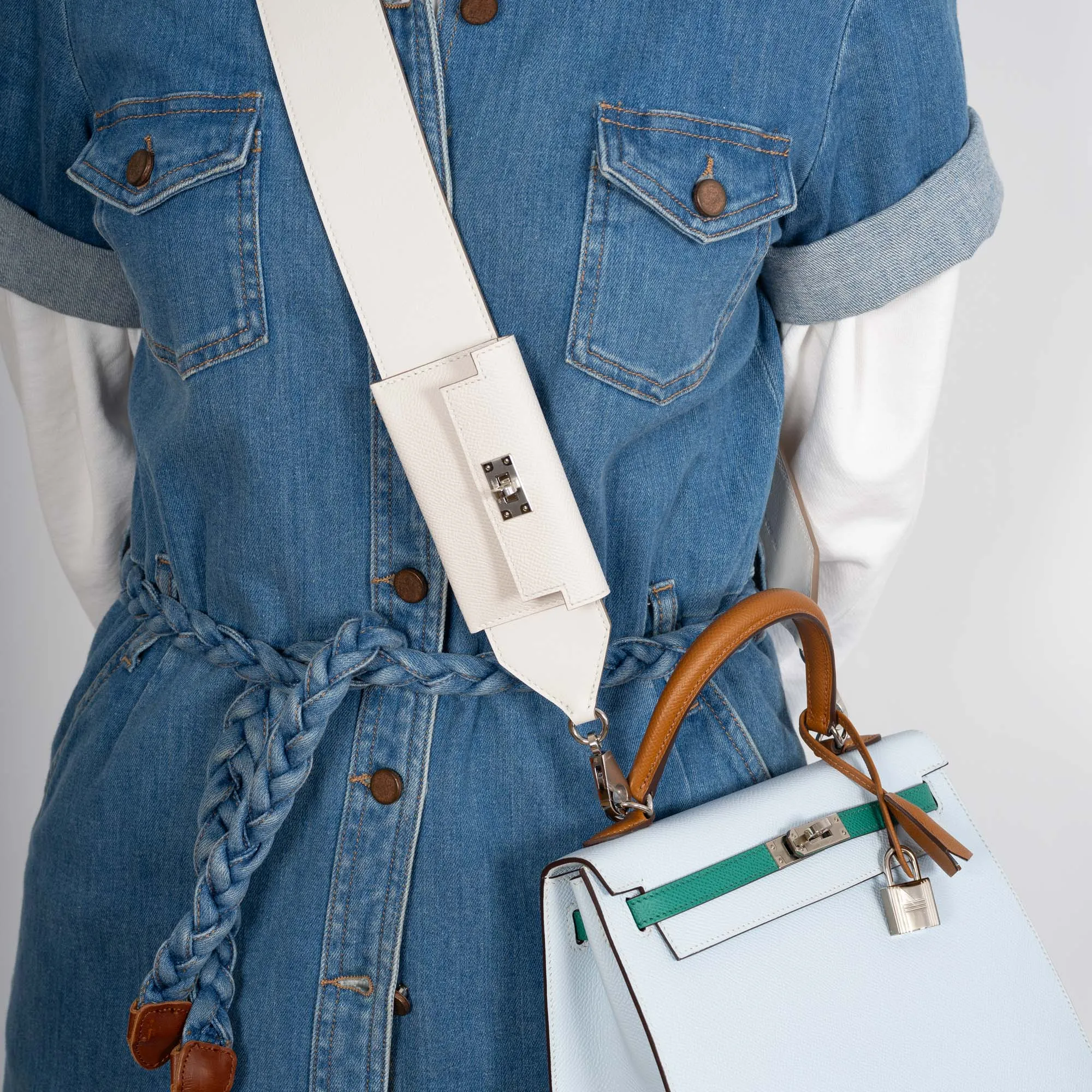 Herms Kelly Pochette Pocket PM Shoulder Strap Gris Pale Swift and Epsom Palladium Hardware