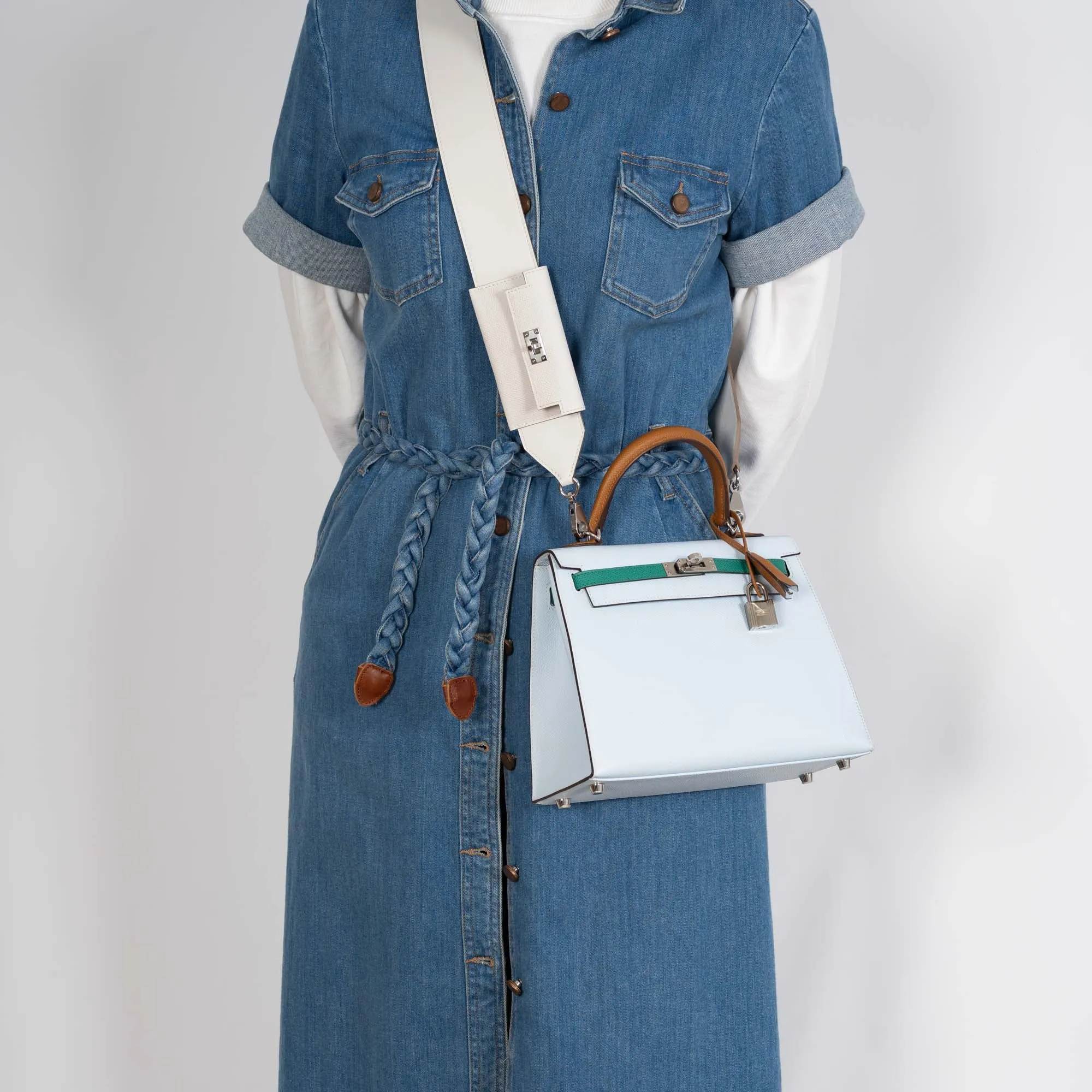 Herms Kelly Pochette Pocket PM Shoulder Strap Gris Pale Swift and Epsom Palladium Hardware