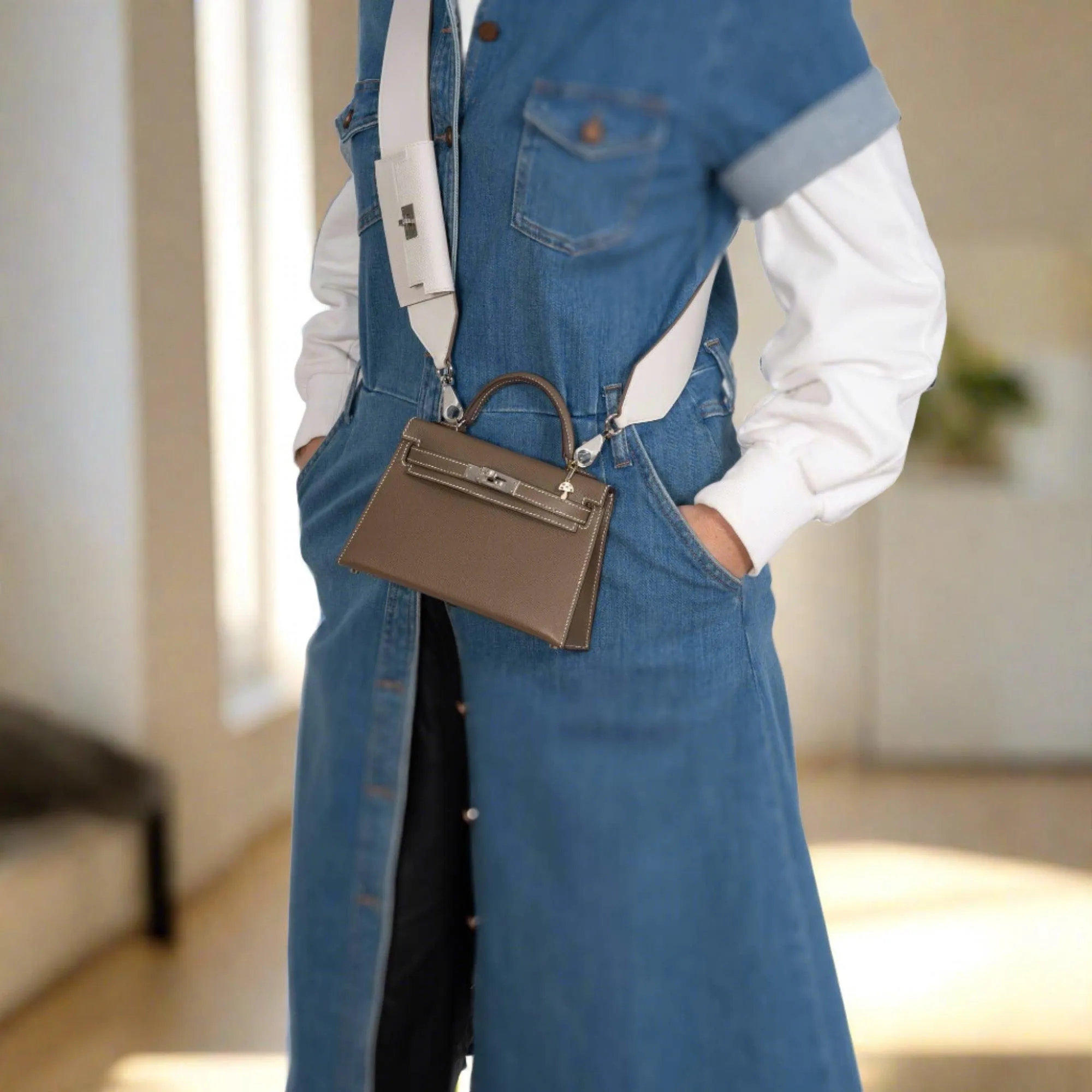 Herms Kelly Pochette Pocket PM Shoulder Strap Gris Pale Swift and Epsom Palladium Hardware