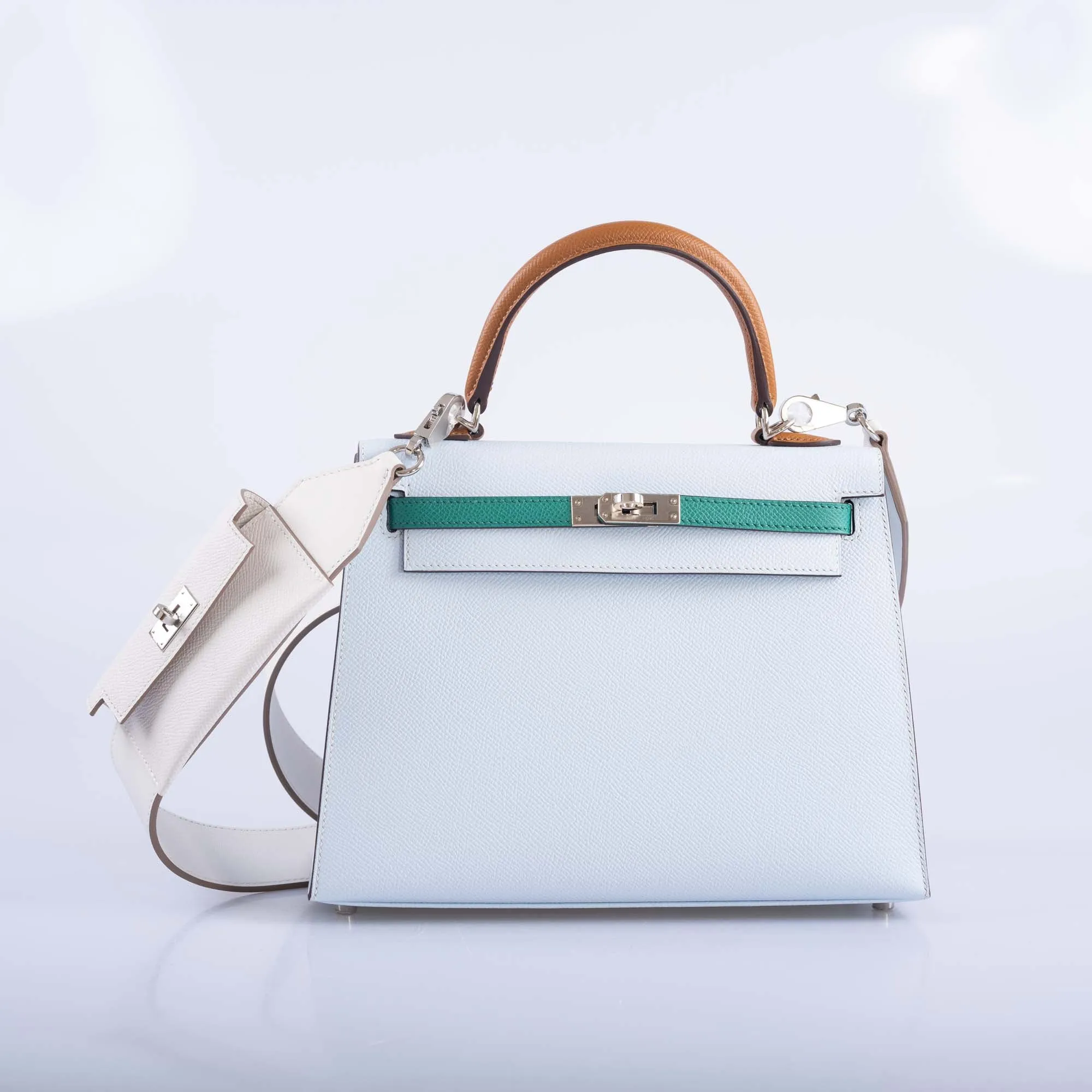 Herms Kelly Pochette Pocket PM Shoulder Strap Gris Pale Swift and Epsom Palladium Hardware