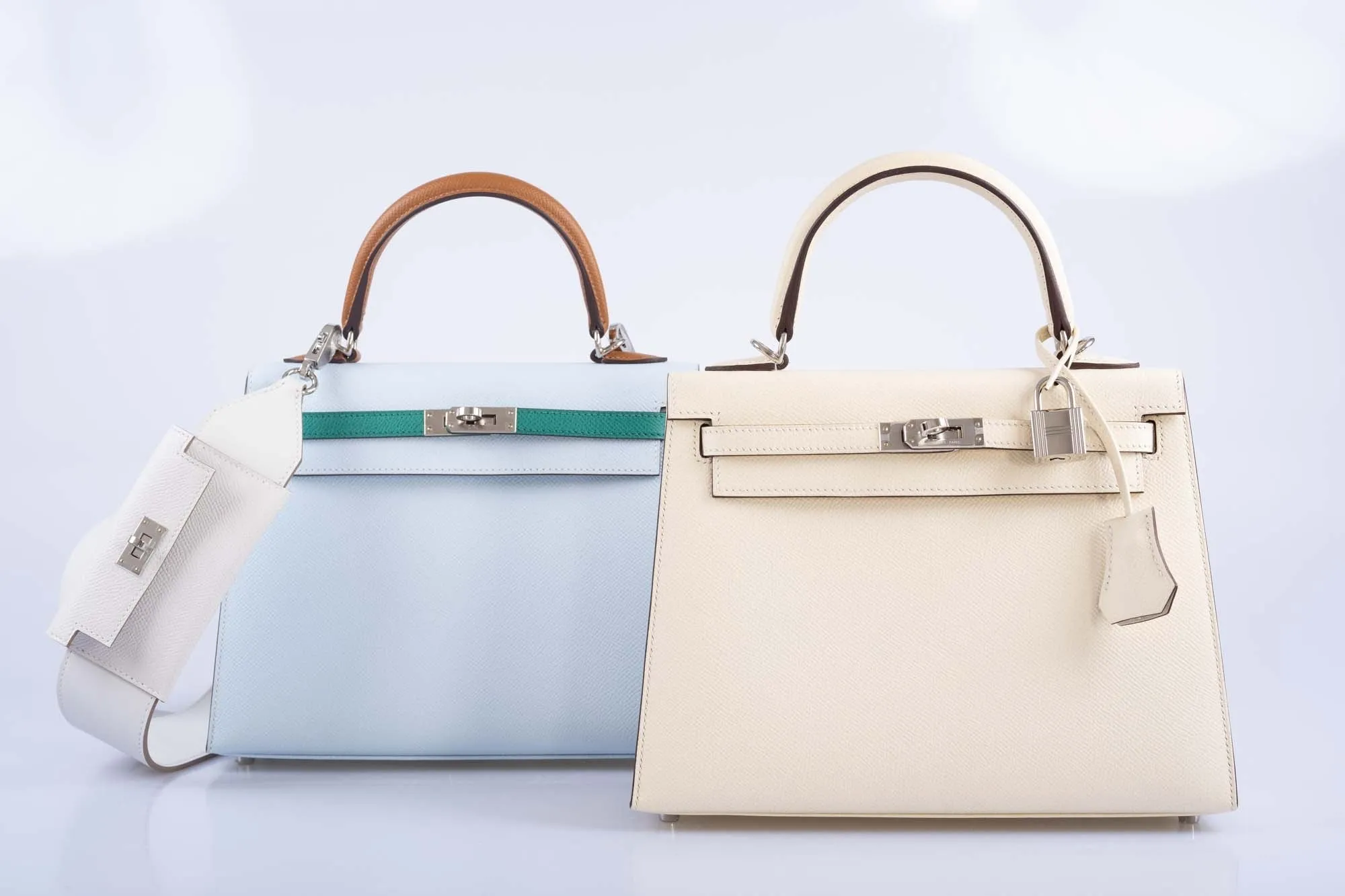 Herms Kelly Pochette Pocket PM Shoulder Strap Gris Pale Swift and Epsom Palladium Hardware