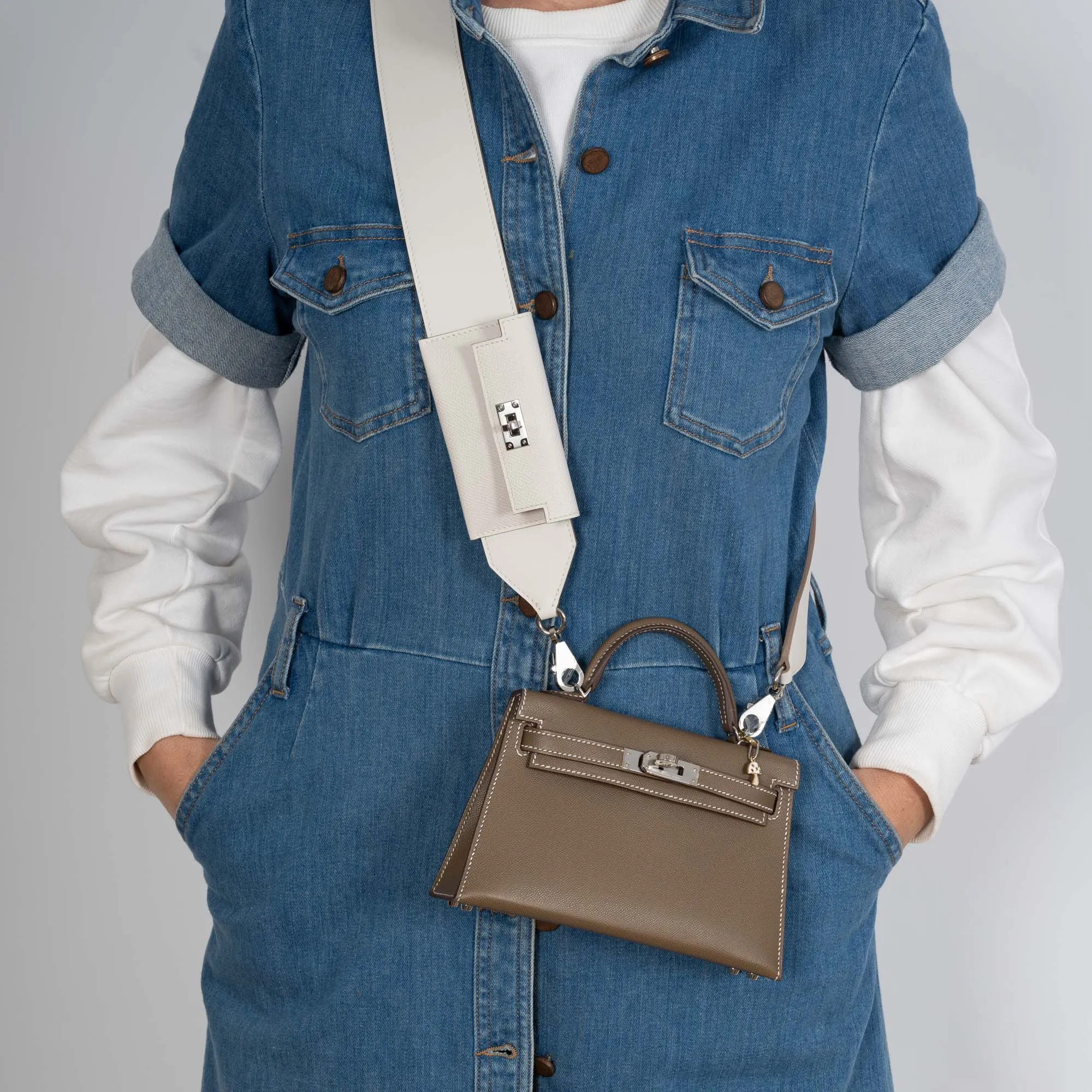 Herms Kelly Pochette Pocket PM Shoulder Strap Gris Pale Swift and Epsom Palladium Hardware