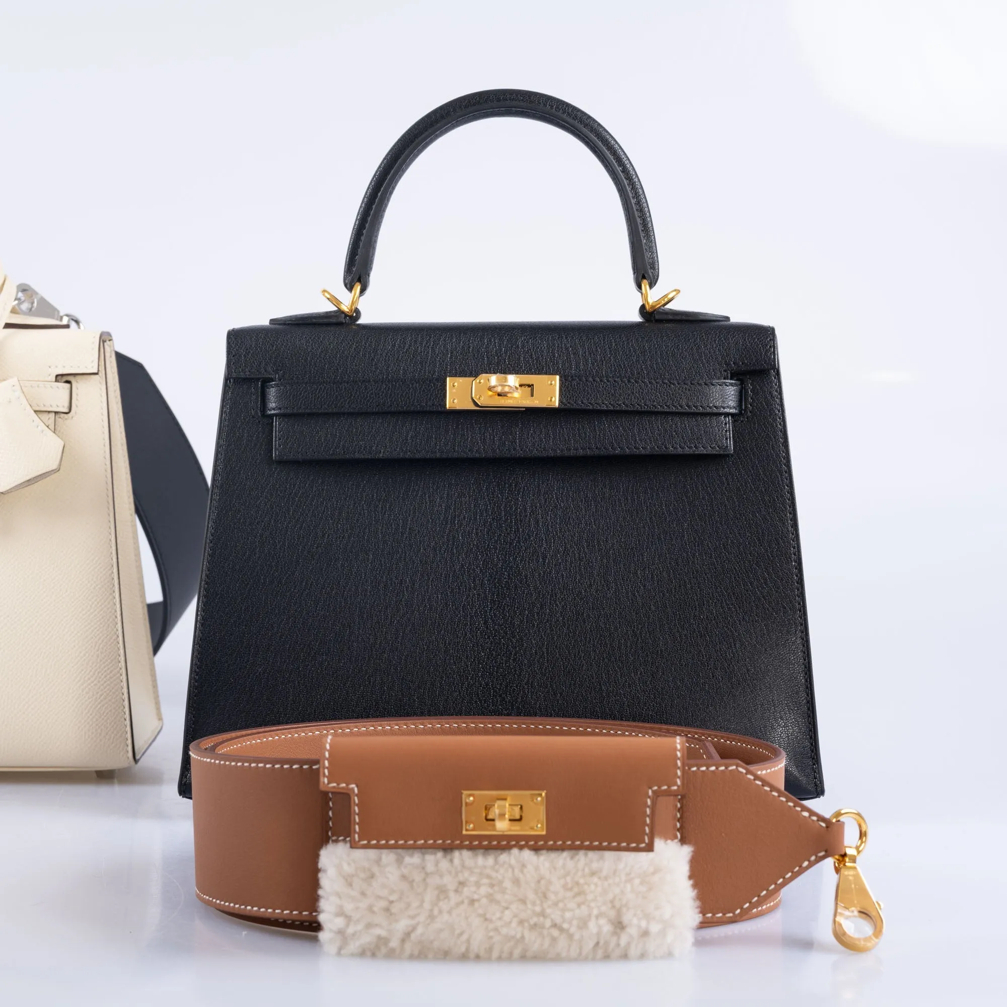 Herms Kelly Pochette Teddy Shoulder Strap Gold Shearling and Swift Gold Hardware
