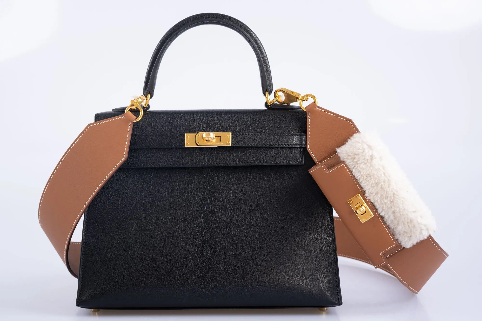 Herms Kelly Pochette Teddy Shoulder Strap Gold Shearling and Swift Gold Hardware