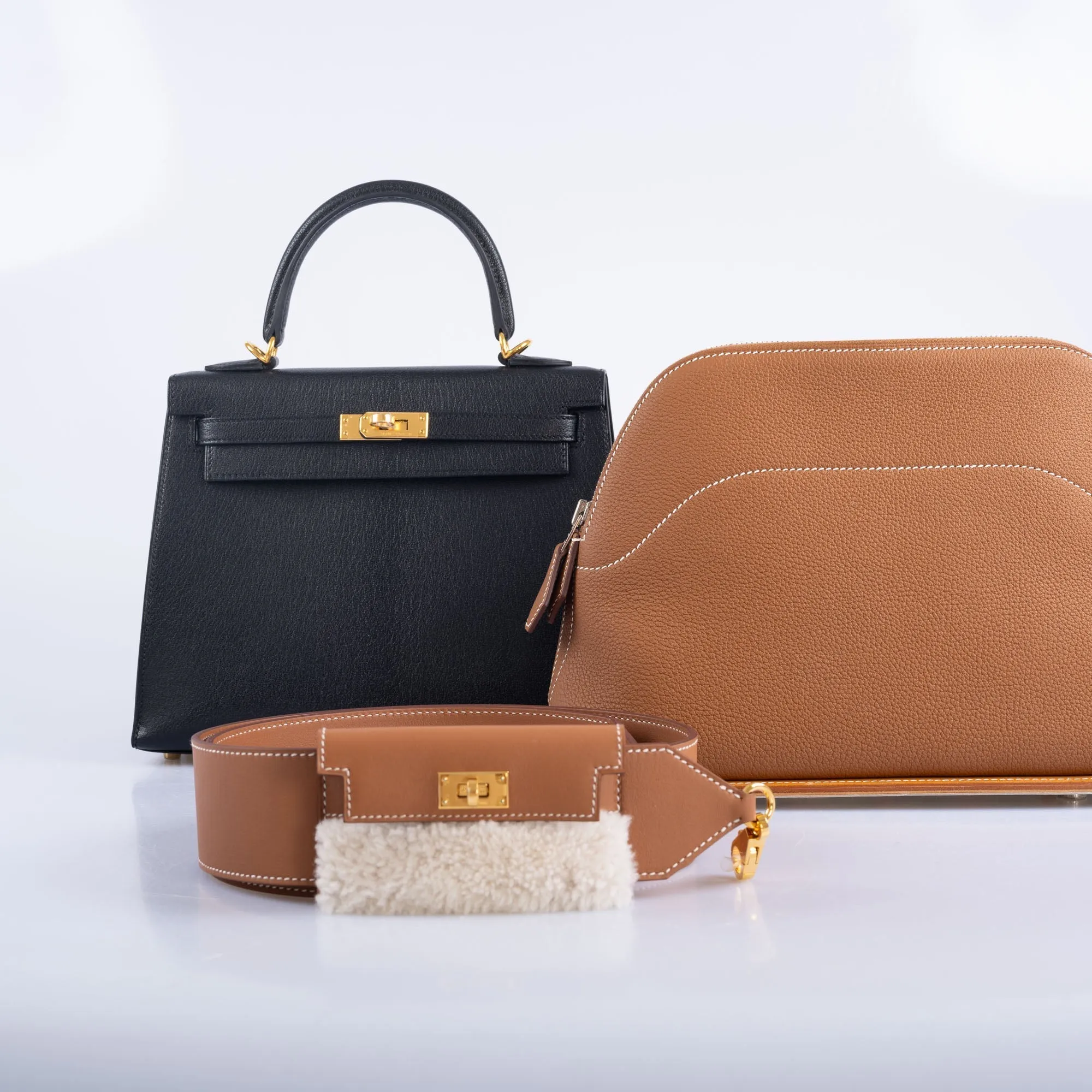 Herms Kelly Pochette Teddy Shoulder Strap Gold Shearling and Swift Gold Hardware