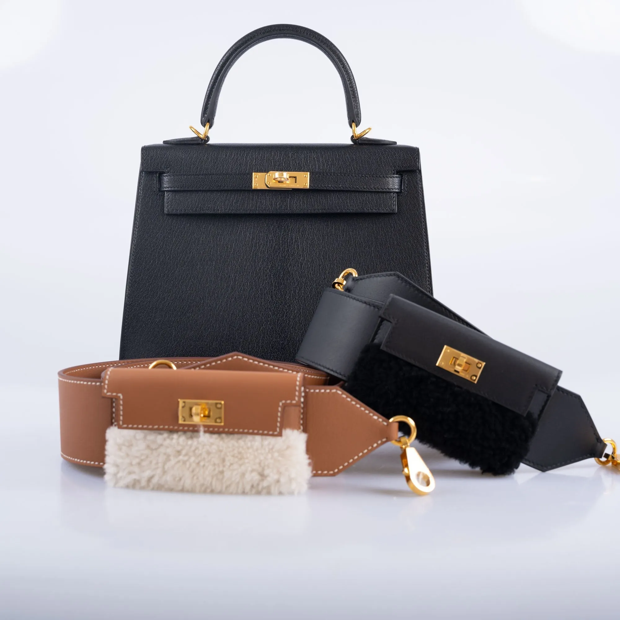 Herms Kelly Pochette Teddy Shoulder Strap Gold Shearling and Swift Gold Hardware