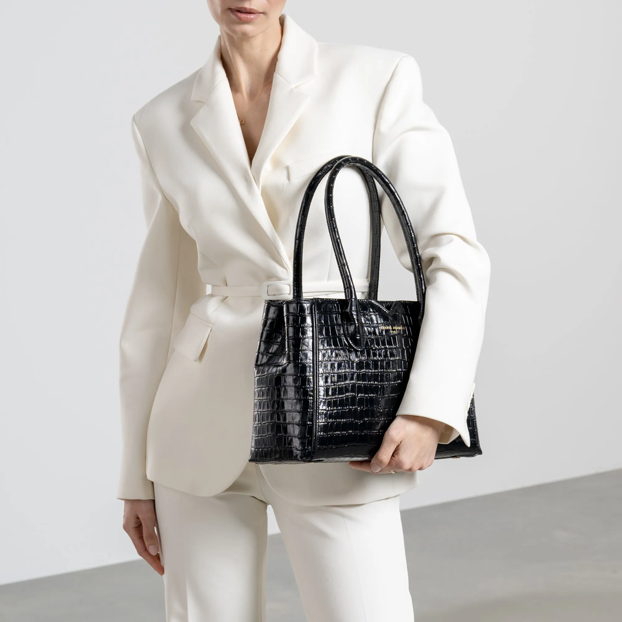 Honor Cloe Midi croco black calfskin leather handbag