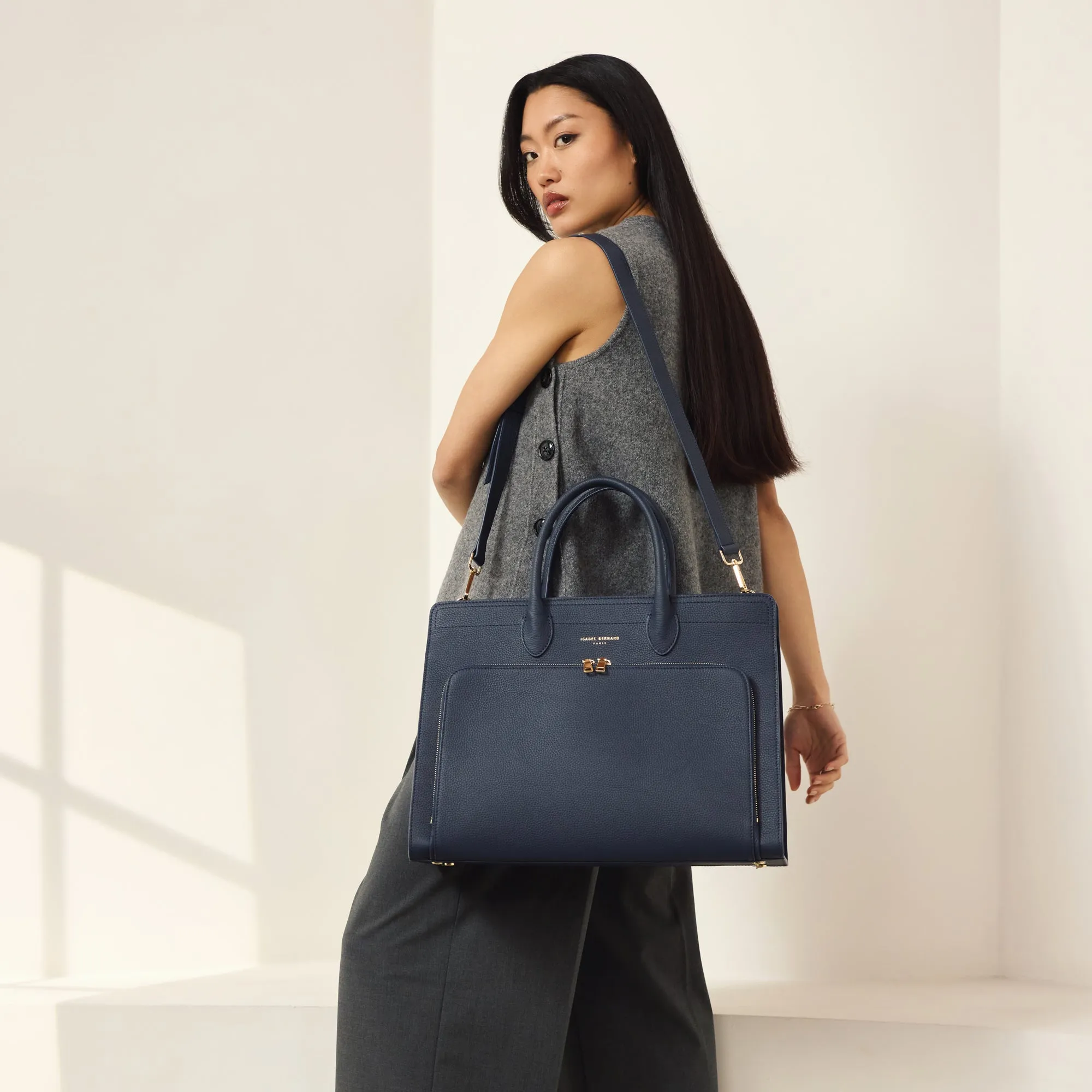 Honor Nadine blue calfskin leather handbag with 16.4 inch laptop pocket