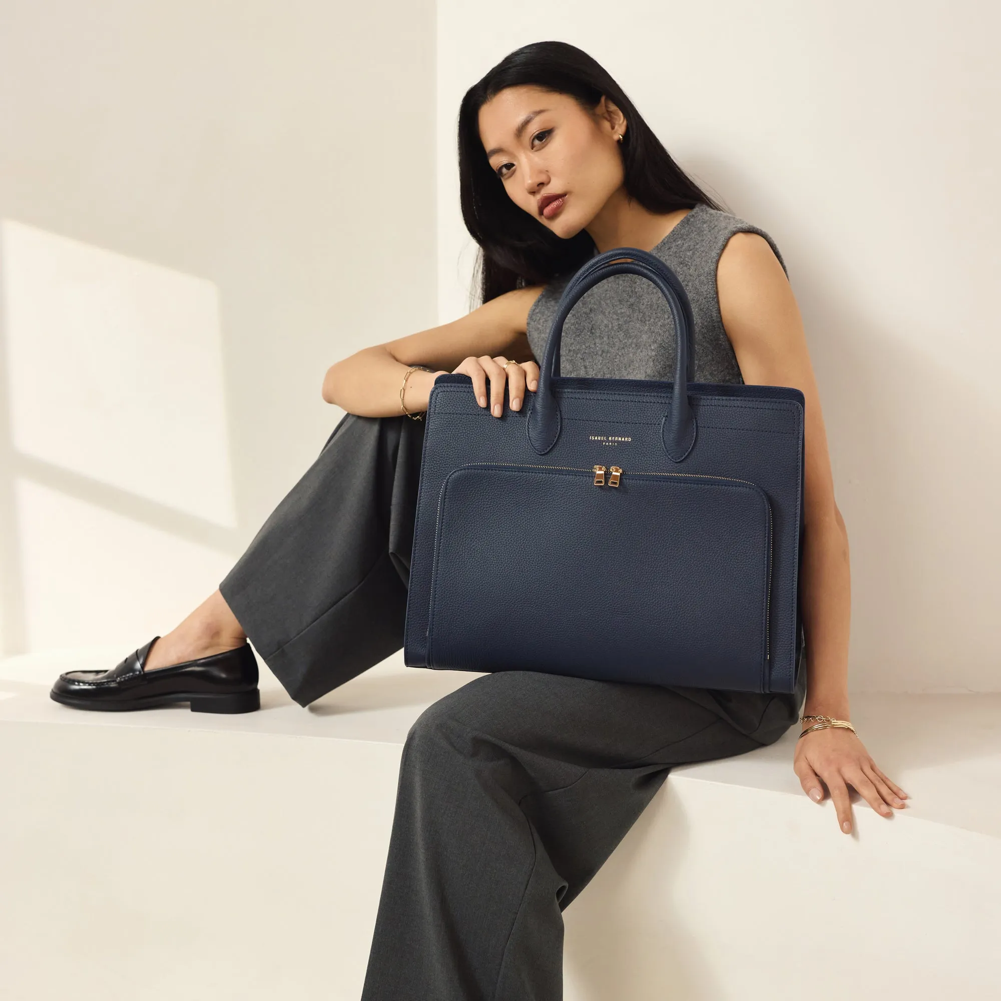 Honor Nadine blue calfskin leather handbag with 16.4 inch laptop pocket