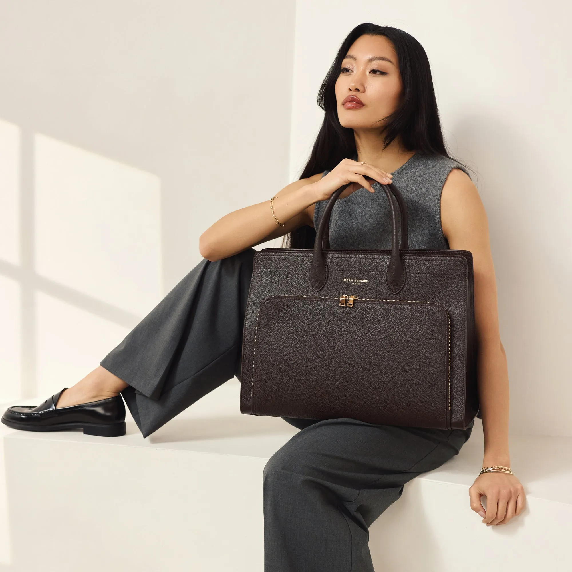 Honor Nadine brown calfskin leather handbag with 16.4 inch laptop pocket