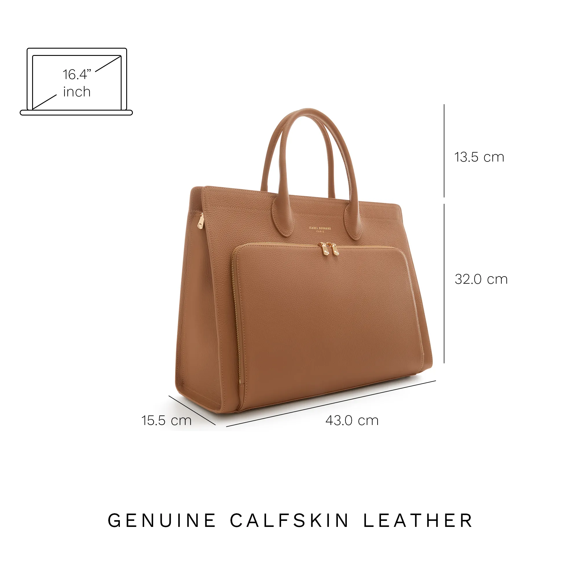 Honor Nadine camel calfskin leather handbag with 16.4 inch laptop pocket