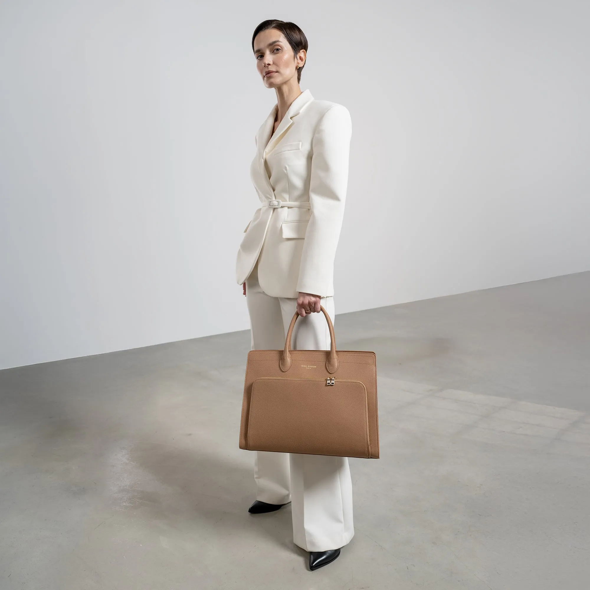 Honor Nadine camel calfskin leather handbag with 16.4 inch laptop pocket