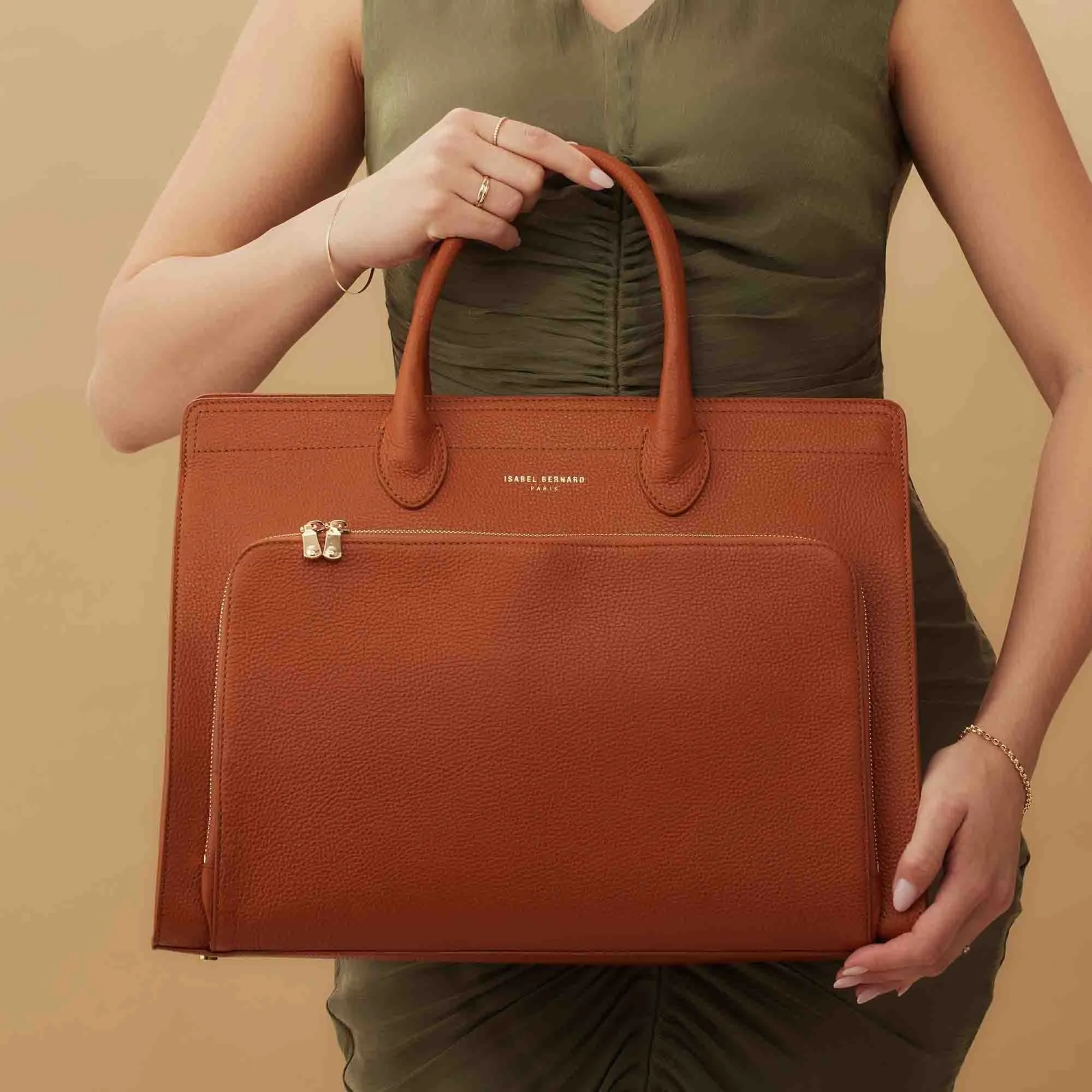 Honor Nadine cognac calfskin leather handbag with 16.4 inch laptop pocket