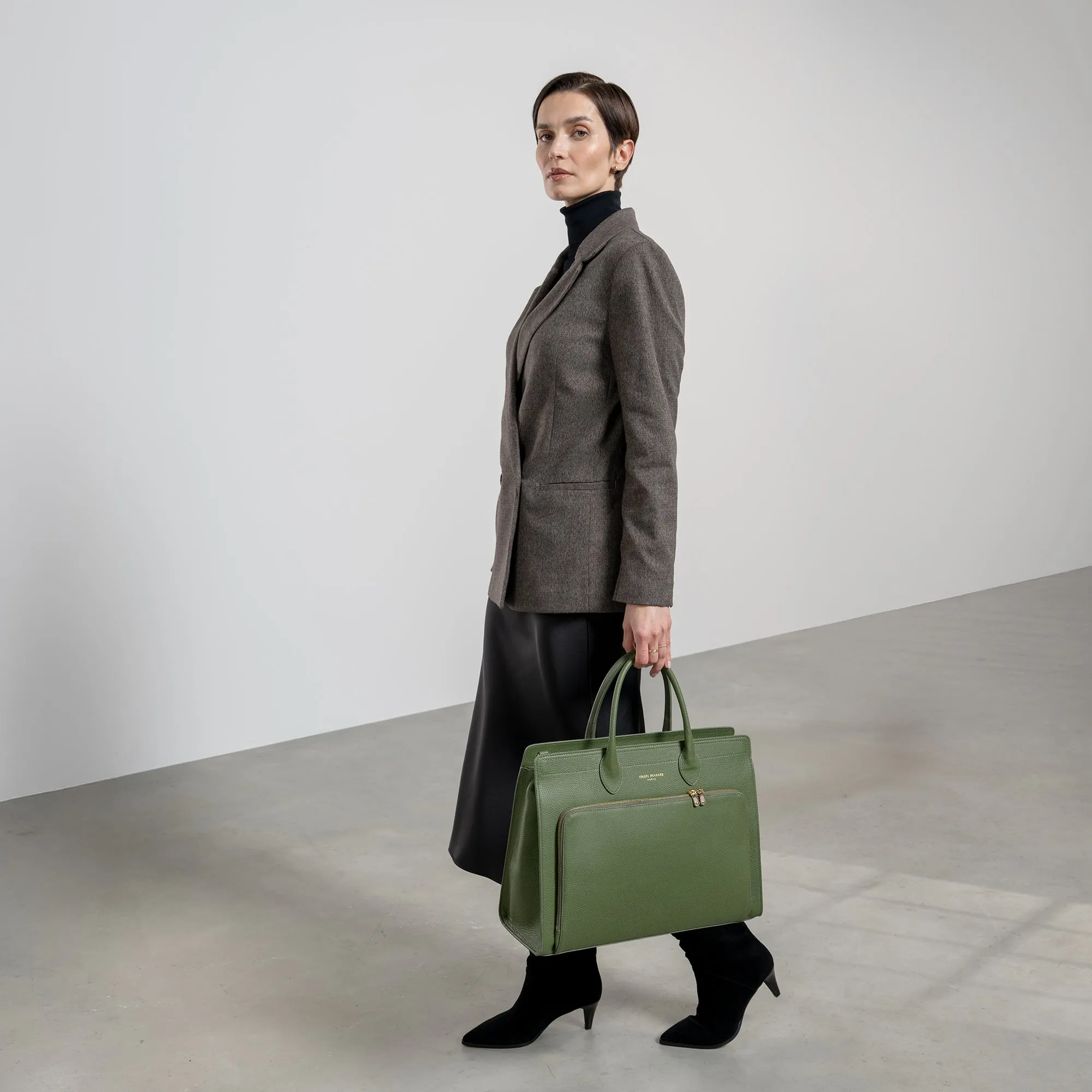 Honor Nadine green calfskin leather handbag with 16.4 inch laptop pocket