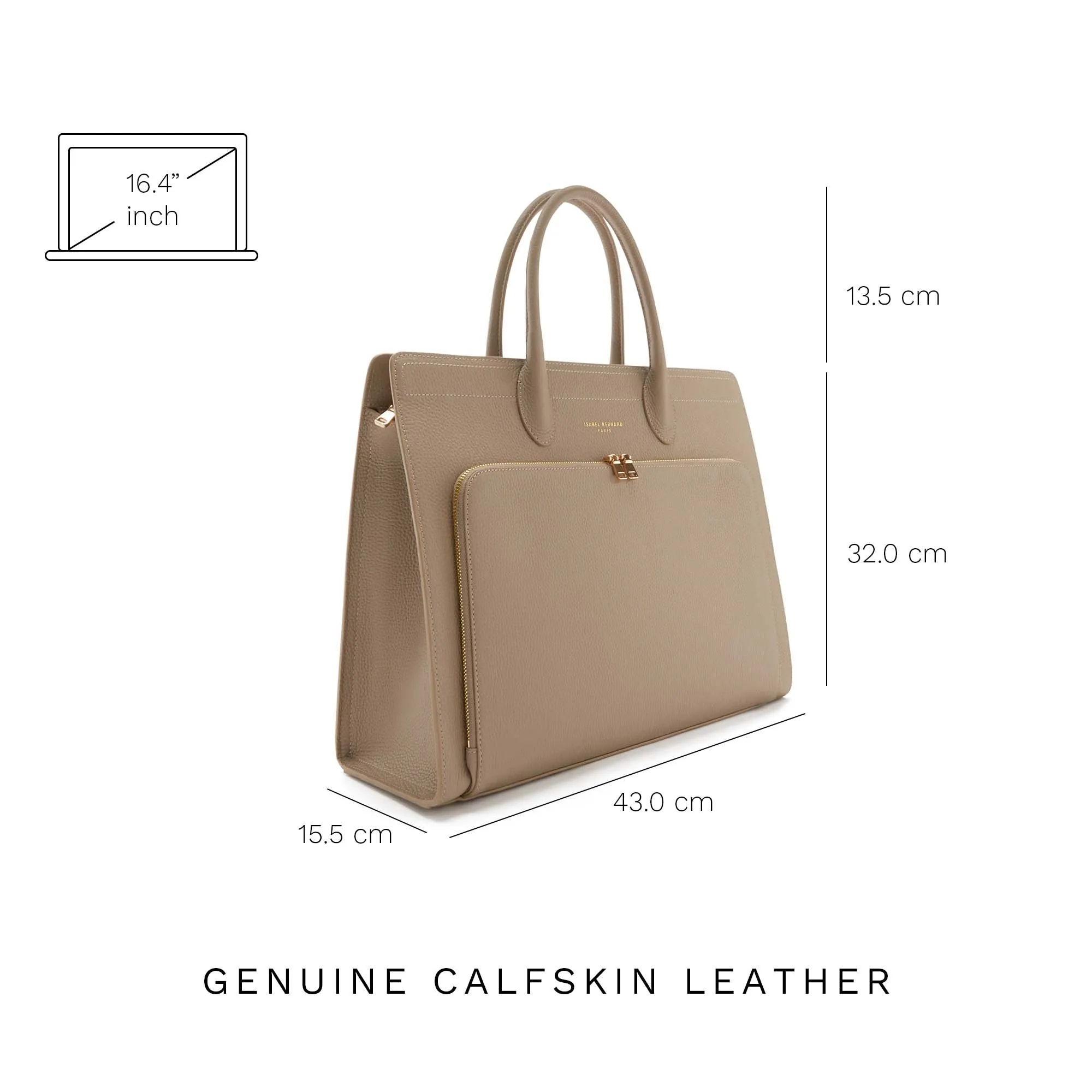 Honor Nadine taupe calfskin leather handbag with 16.4 inch laptop pocket