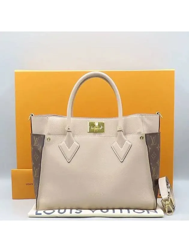 M58485 Gray Leather On My Side MM Tote Bag Shoulder Strap 2WAY