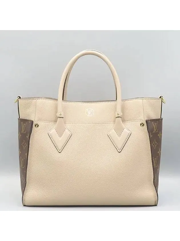 M58485 Gray Leather On My Side MM Tote Bag Shoulder Strap 2WAY