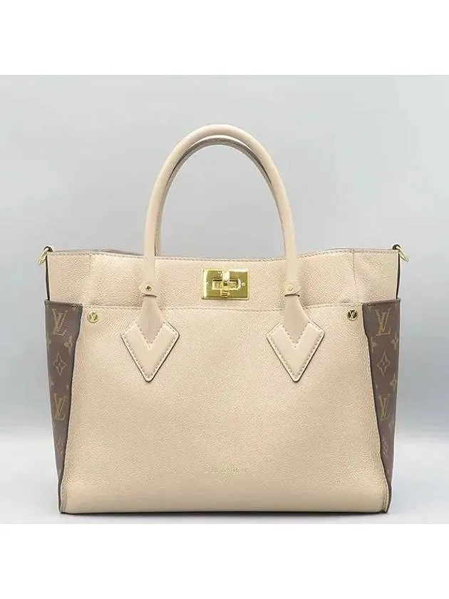 M58485 Gray Leather On My Side MM Tote Bag Shoulder Strap 2WAY